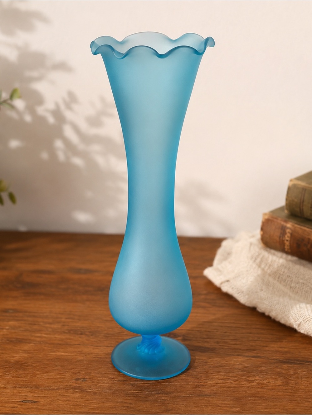 Vintage Frosted Blue Satin Art Glass Bud Vase Ruffled Scalloped Rim 8”